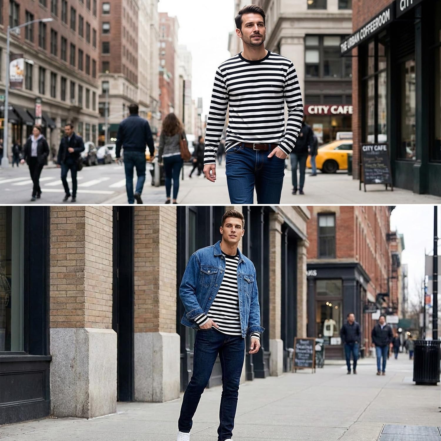 Detalle 1 de LEDING Black and White Striped Long-Sleeve T-Shirt, Cotton-Spandex Crewneck