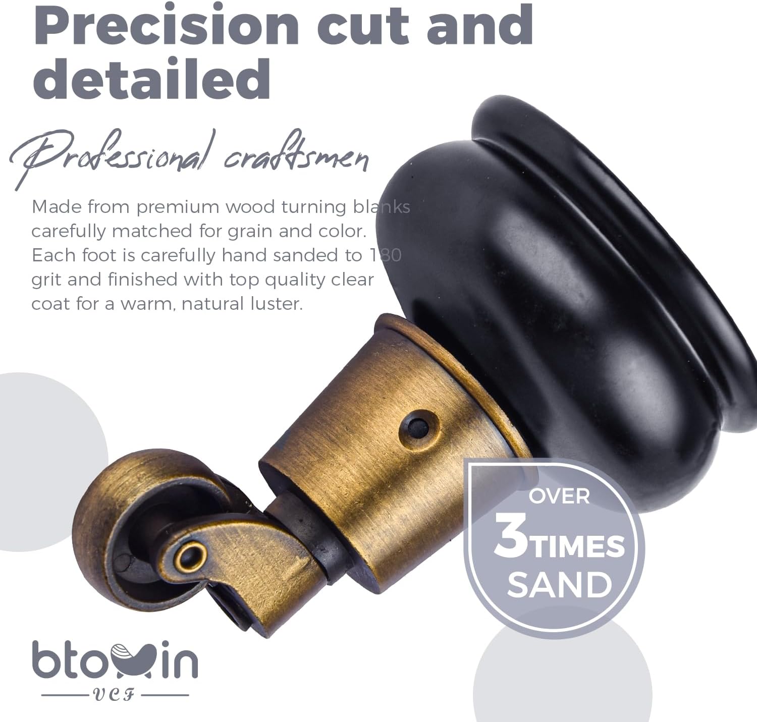 Detalle de Btowin 4-inch Solid Wood Furniture Legs with Swivel Casters, M8 Bolts and Walnut Finish