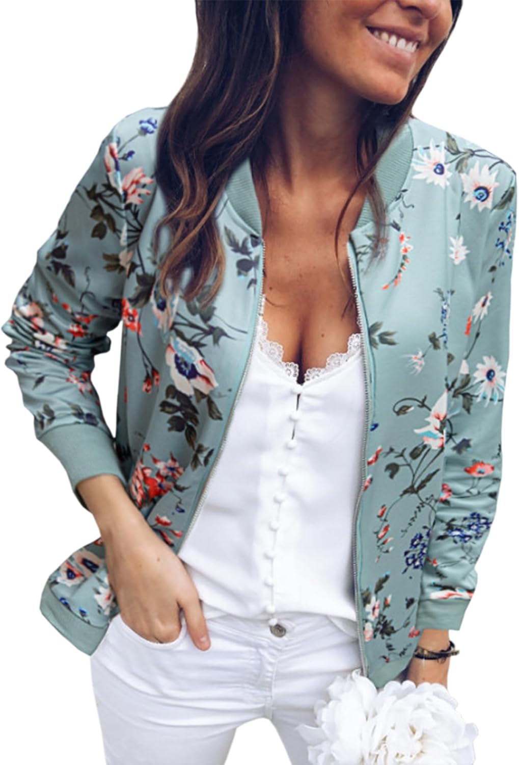 Detalle de ECOWISH Damen Bomberjacke mit Blumenmuster