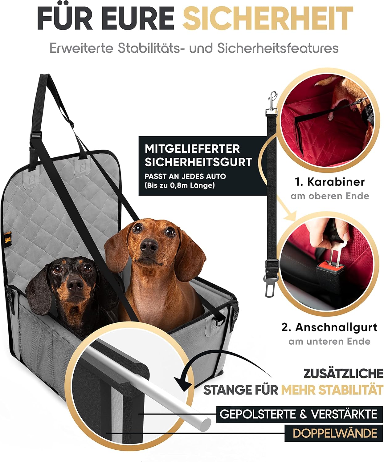 Thumbnail 4 de HELDENWERK Extra Stabiler Hunde Autositz mit verstärkten Wänden – 5 Gurte, wasserdicht, grau (Standardgröße)