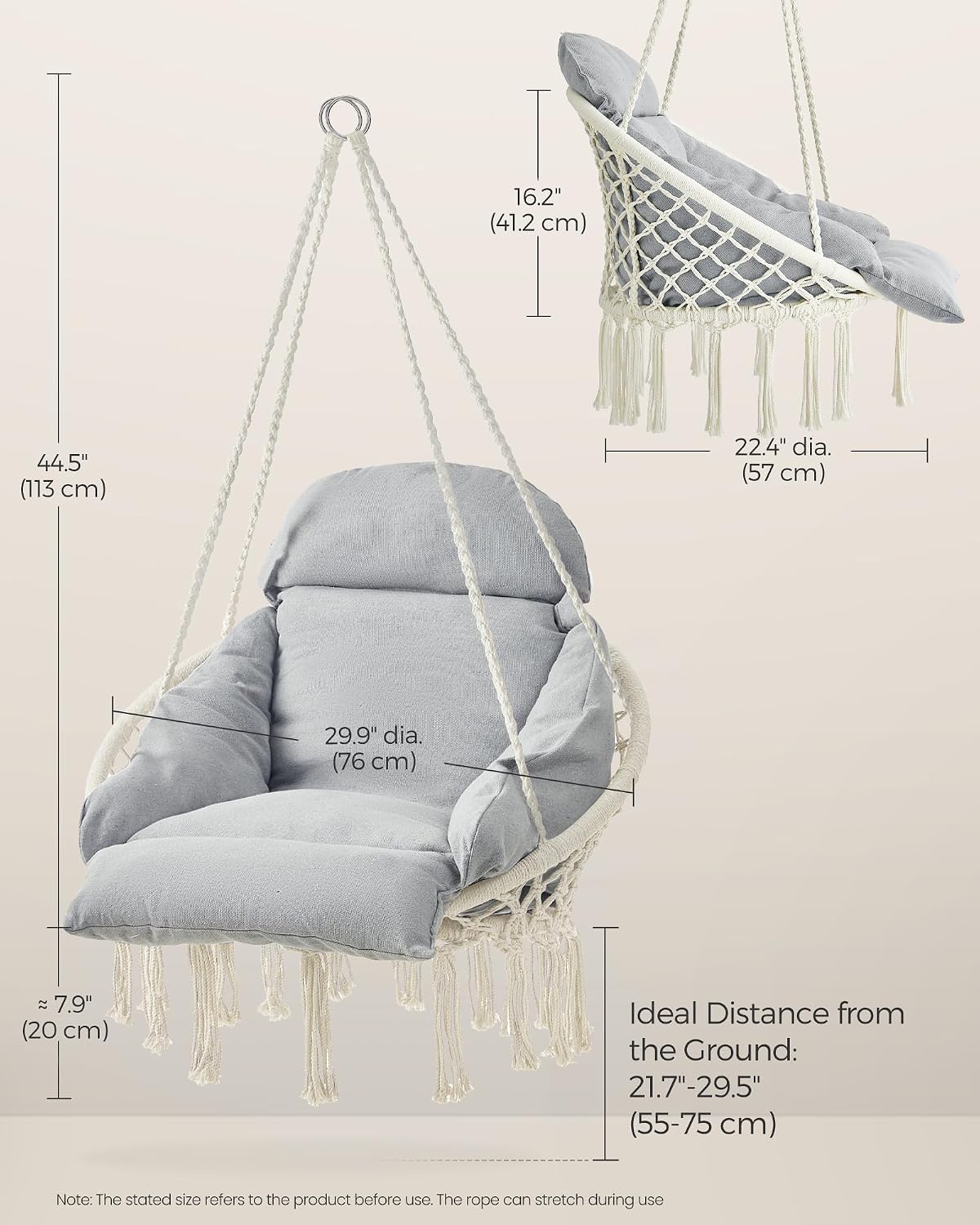 Detalle de SONGMICS UGDC042G01 Hanging Chair with Thick Cushion, Cotton and Metal