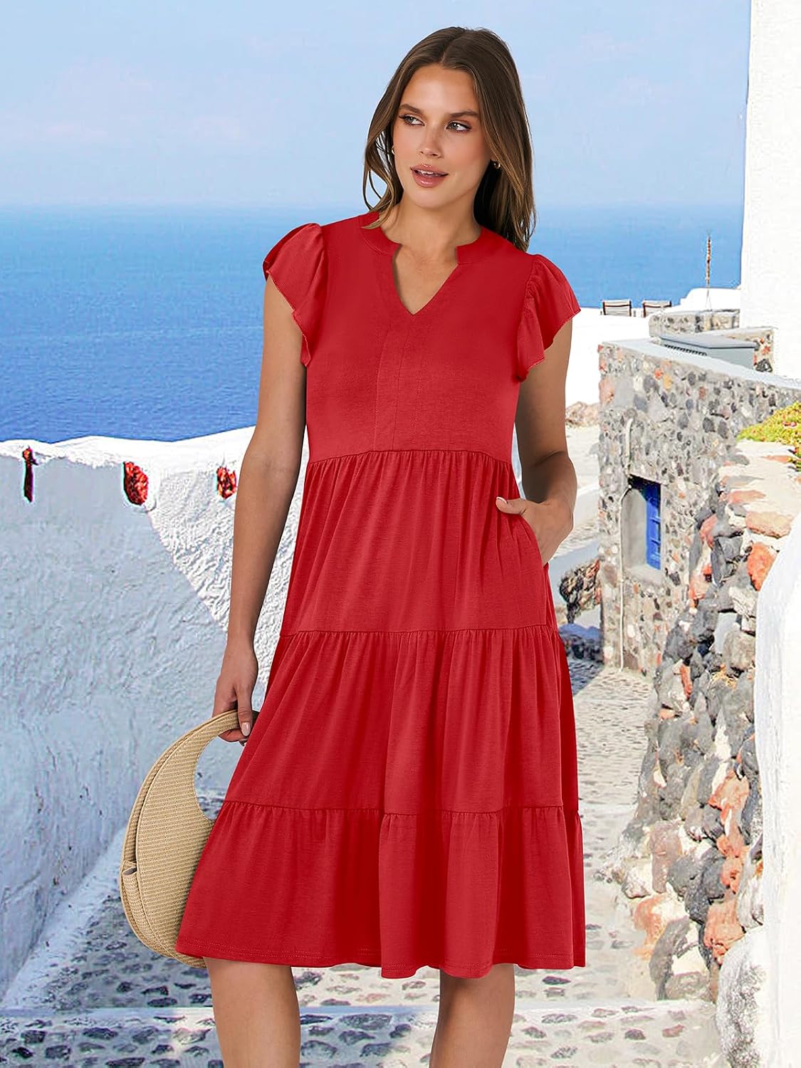 Detalle de ANRABESS Women's Summer Dress with Ruffle Sleeves and V-Neck Midi — Boho Casual Sundress