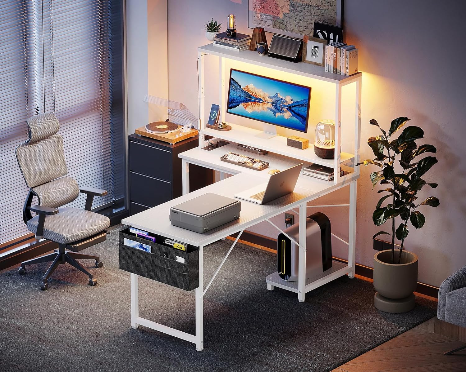 Thumbnail 6 de Coleshome L-shaped gaming desk with LED lights, power outlet & reversible corner layout (110 × 80 cm) – White