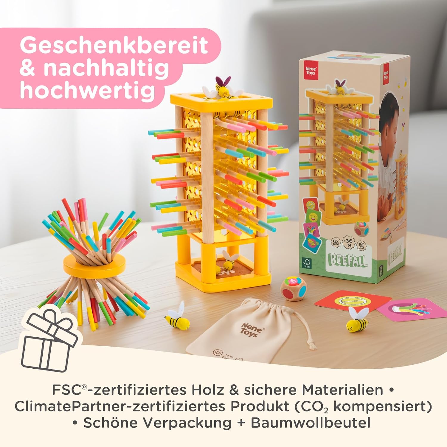 Thumbnail 5 de Nene Toys BeeFall Bienen Geschicklichkeitsspiel (4-in-1) mit Würfel, Aktionskarten & Rainbow Sticks – Holz-Turmspiel für Kinder ab 3