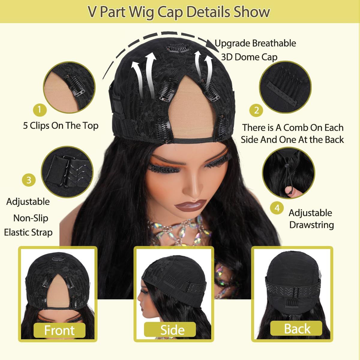 Thumbnail 3 de Omeself V Part Wig Human Hair Body Wave 200 Density – U Part, Glueless, Drawstring, 22 Inch