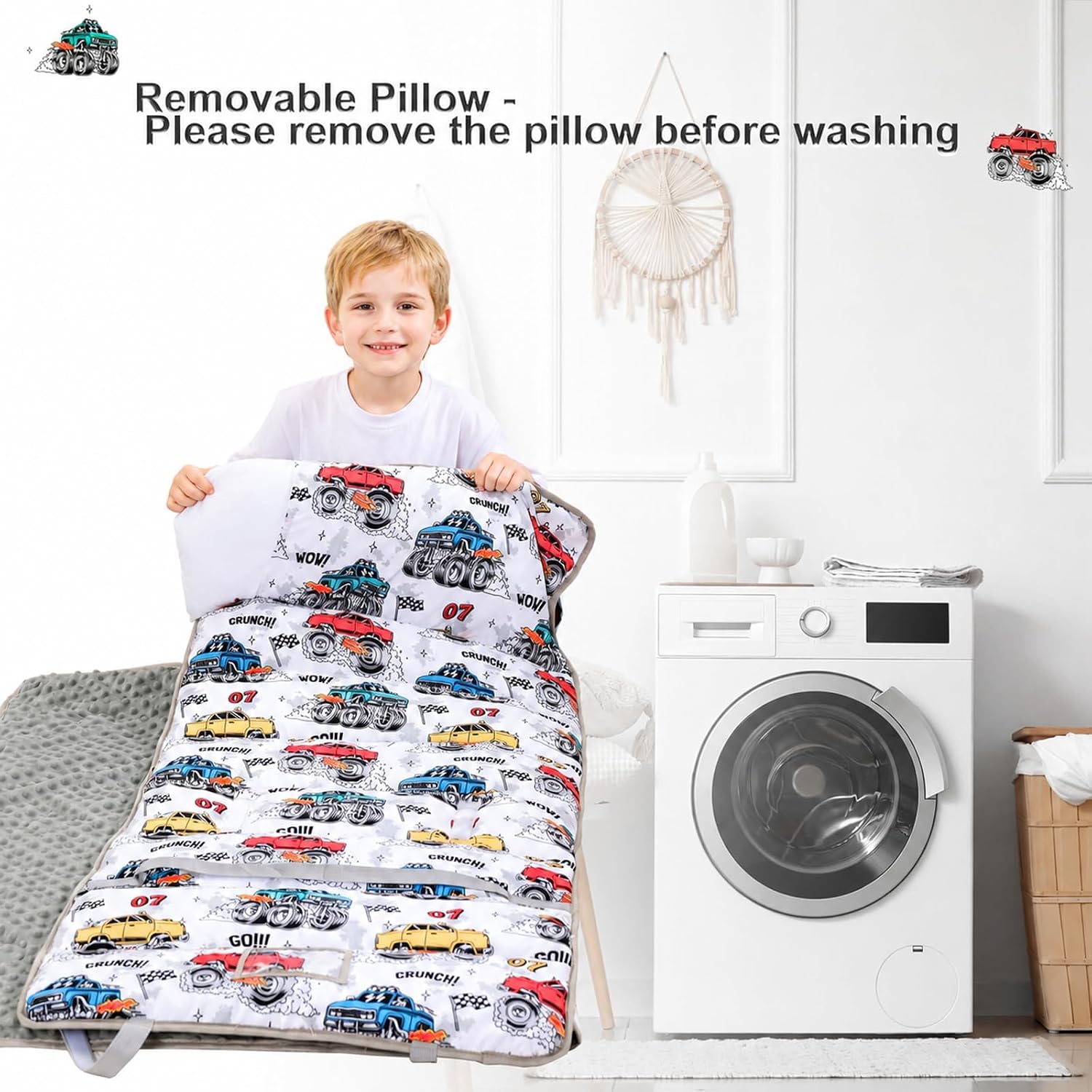 Detalle 2 de Viviland Monster Truck Toddler Nap Mat with Pillow and Minky Blanket