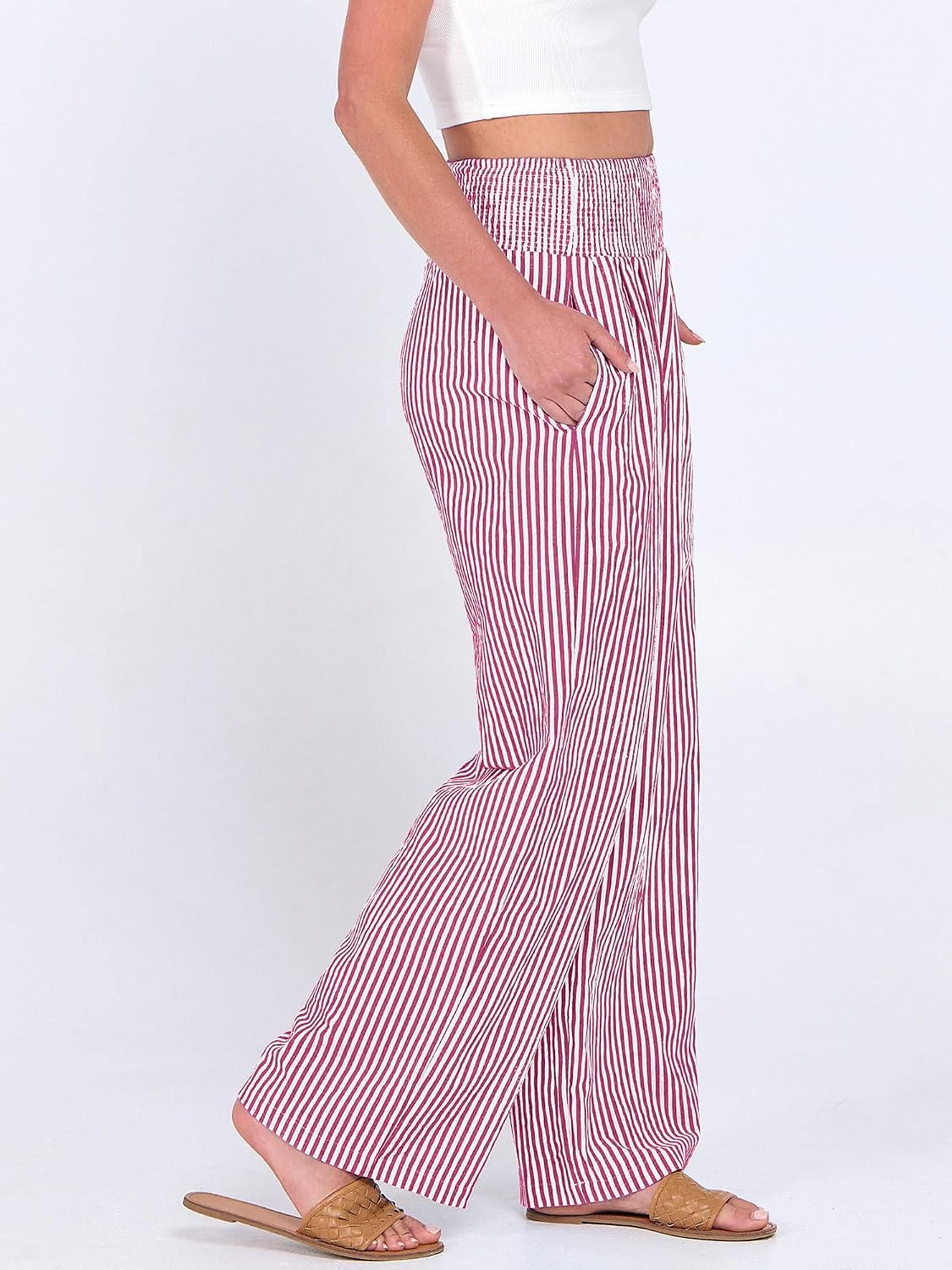 Detalle de ANRABESS Womens Striped Gingham Palazzo Pants: Soft, Breathable Wide-Leg Pajama & Lounge Pants with Pockets