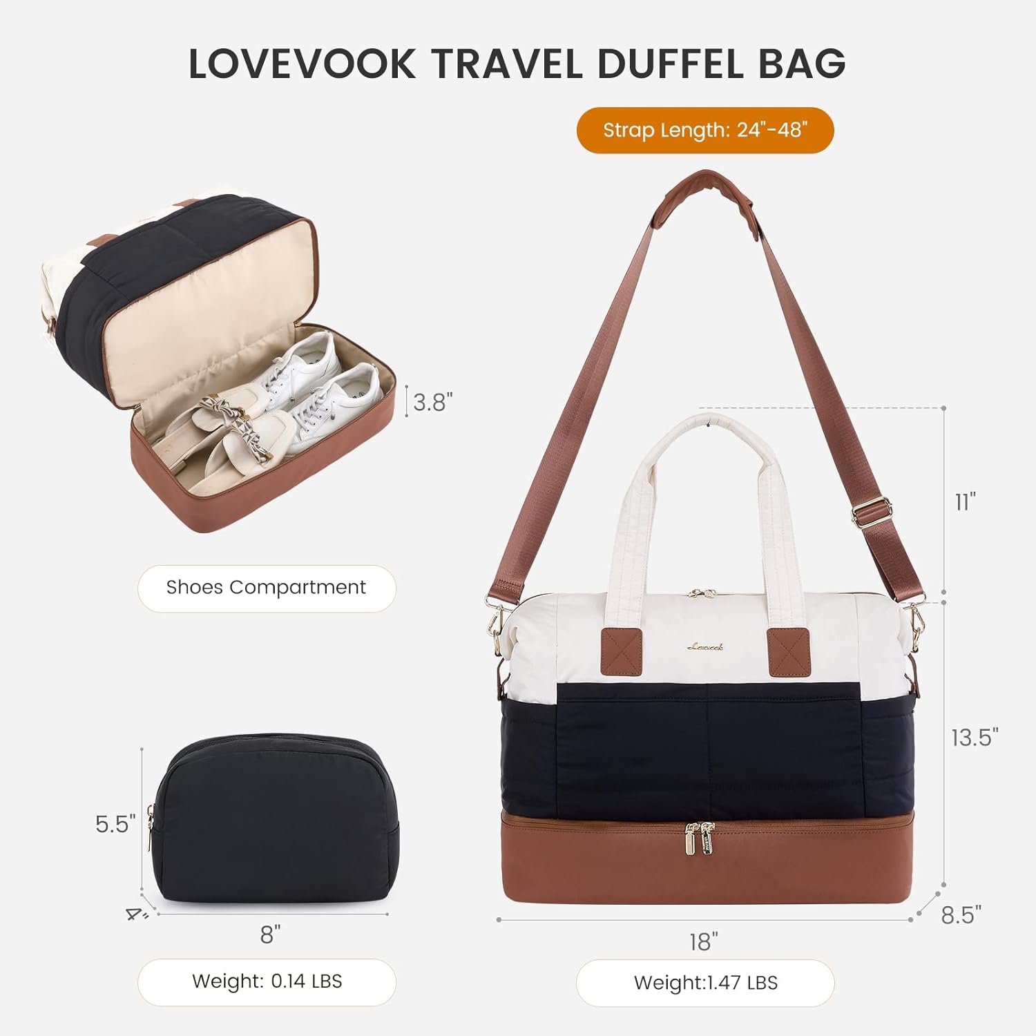 Detalle de LOVEVOOK Travel Duffle Bag: 40L Puffer Weekender with Shoe Compartment (2-Pack)