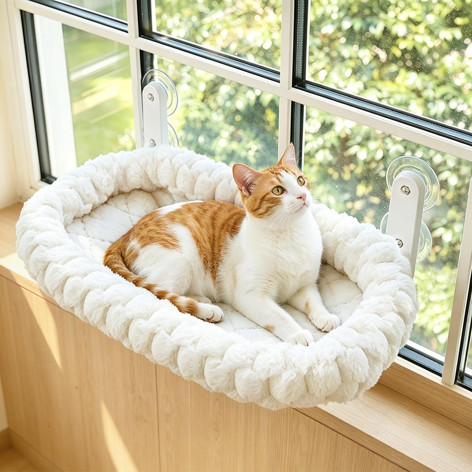 Detalle de AMOSIJOY CWP-L-WHITE-STRIPE Foldable Cat Window Perch, Large White Cushion