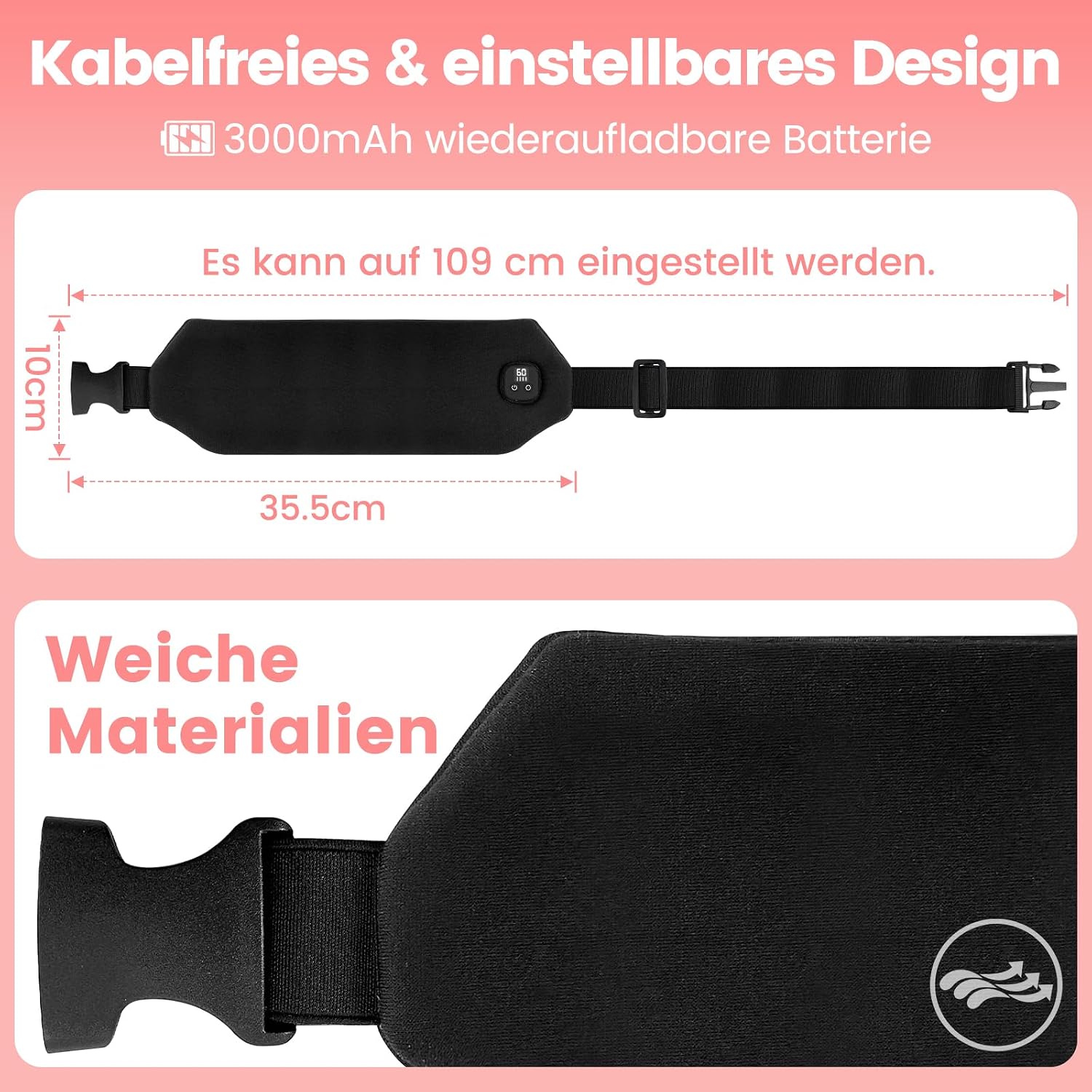 Detalle 2 de Telepepe Perioden Wärmegürtel mit 3000 mAh Akku, Heizgürtel fürs Rücken- und Bauchgefühl, 4 Wärmelevel (45–60 °C)