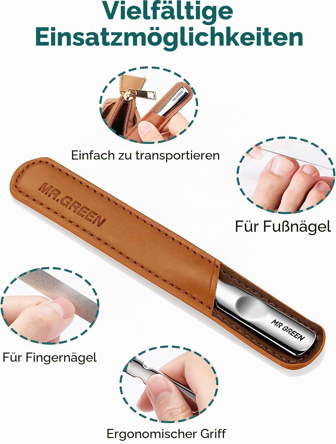 Detalle de MR.GREEN Edelstahl Nagelfeile mit Tasche 💅
