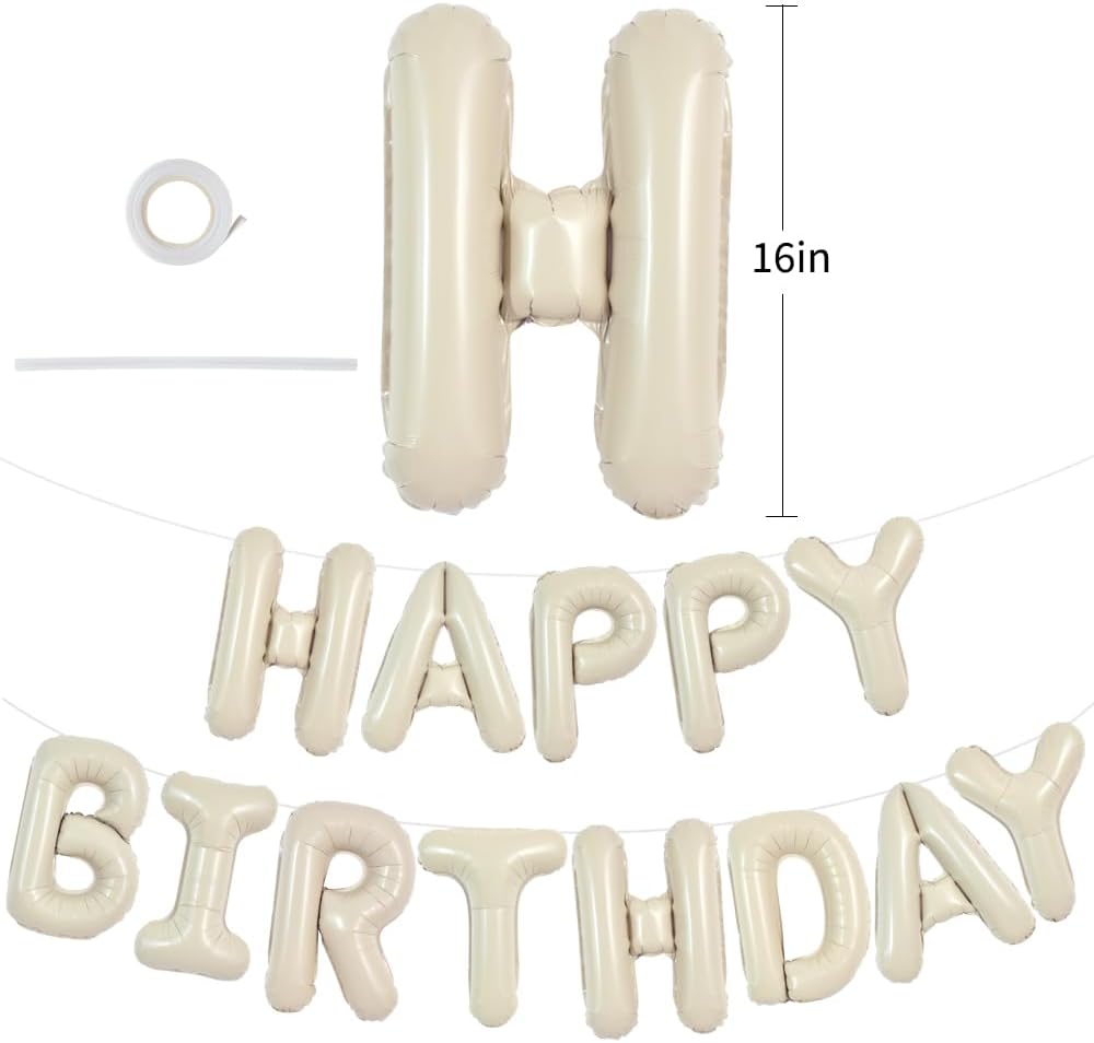 Thumbnail 1 de TONIFUL Cream White Happy Birthday Balloons Banner – 16 Inch Aluminum Foil Letters, Reusable Party Sign