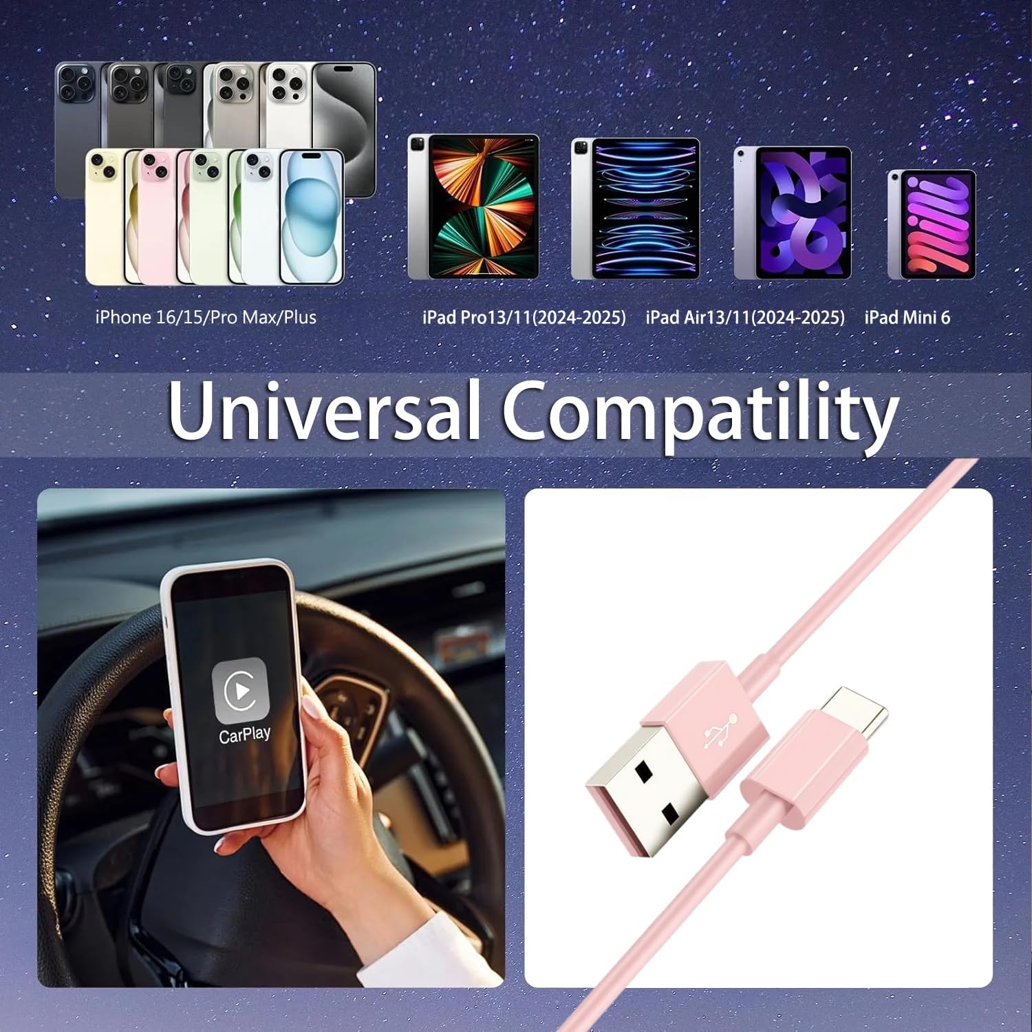 Detalle de Pink USB A to USB C Charger Cable 1M – Fast Charging & Data Sync for iPhone, iPad, Samsung and More