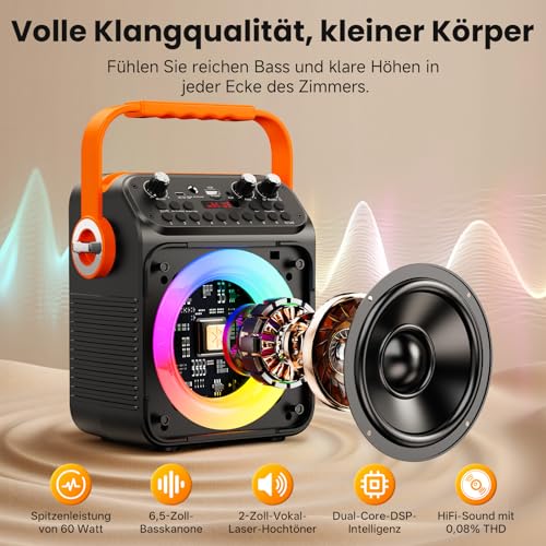 Thumbnail 1 de HWWR Karaoke Anlage mit 2 Mikrofonen – 80 W Bluetooth Box mit 6,5 Zoll Subwoofer, RGB-Beleuchtung und Akku (bis 12 h) für Familienfeiern