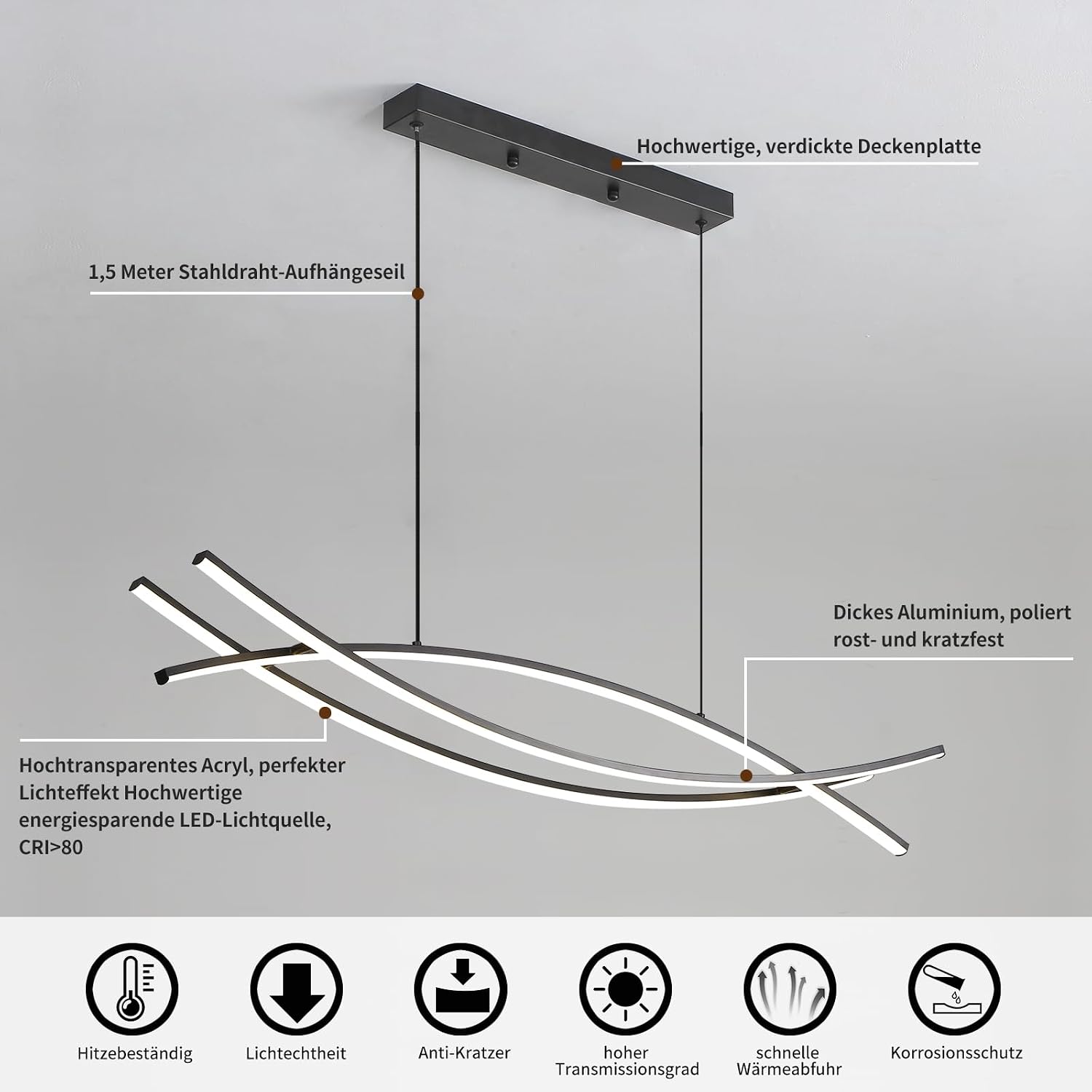Detalle de Mikeru 120 cm verstellbare Pendelleuchte in Schwarz mit LED, 3000/4500/6000 K und Dimmung