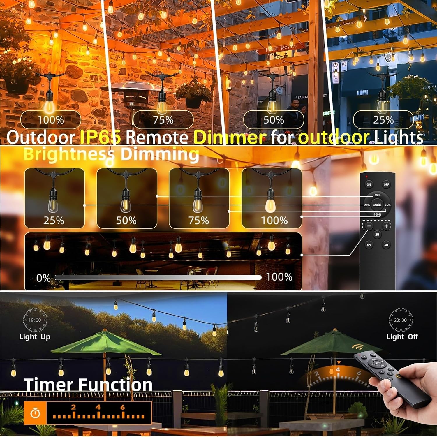 Detalle de 30M Festoon Lights Outdoor with Remote Control – 30+2 LEDs, IP65, Timer, and 4.4m Extension Cable
