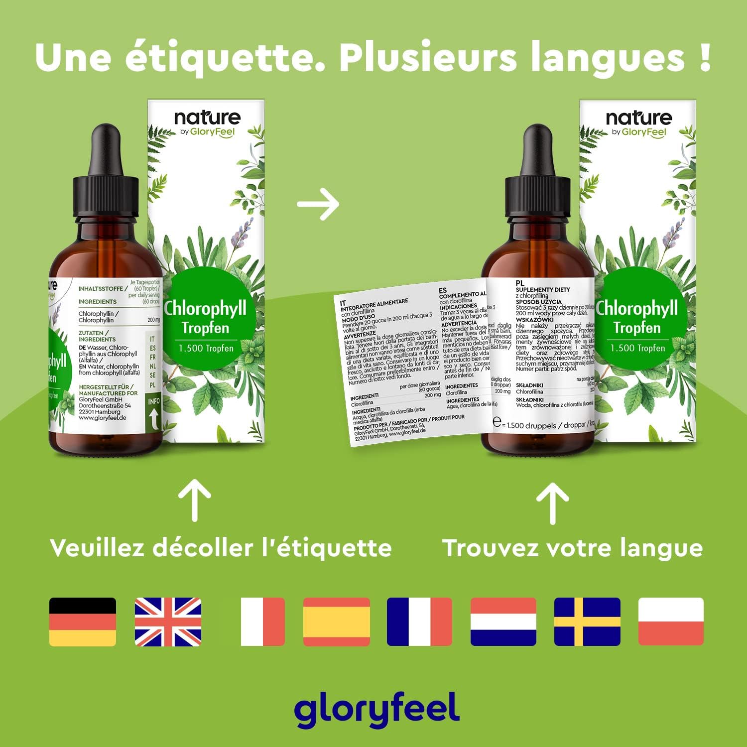Detalle de Chlorophylle Liquide de Luzerne 50 ml (1500 gouttes) – 200 mg par dose, vegan et sans alcool