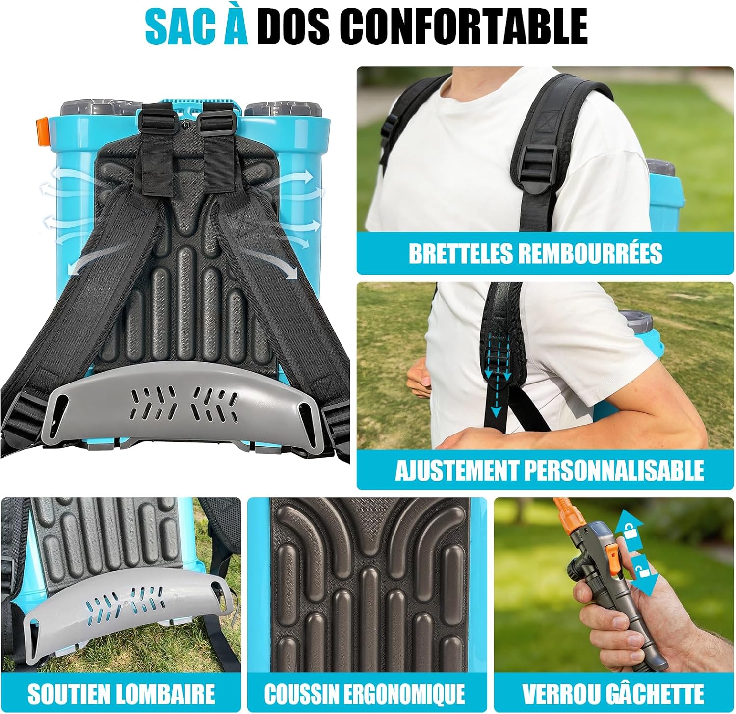 Detalle de SideKing Pulvérisateur à Dos 12L – Électrique 18V, 5,5 Bar, Lance Télescopique et Soutien Lombaire
