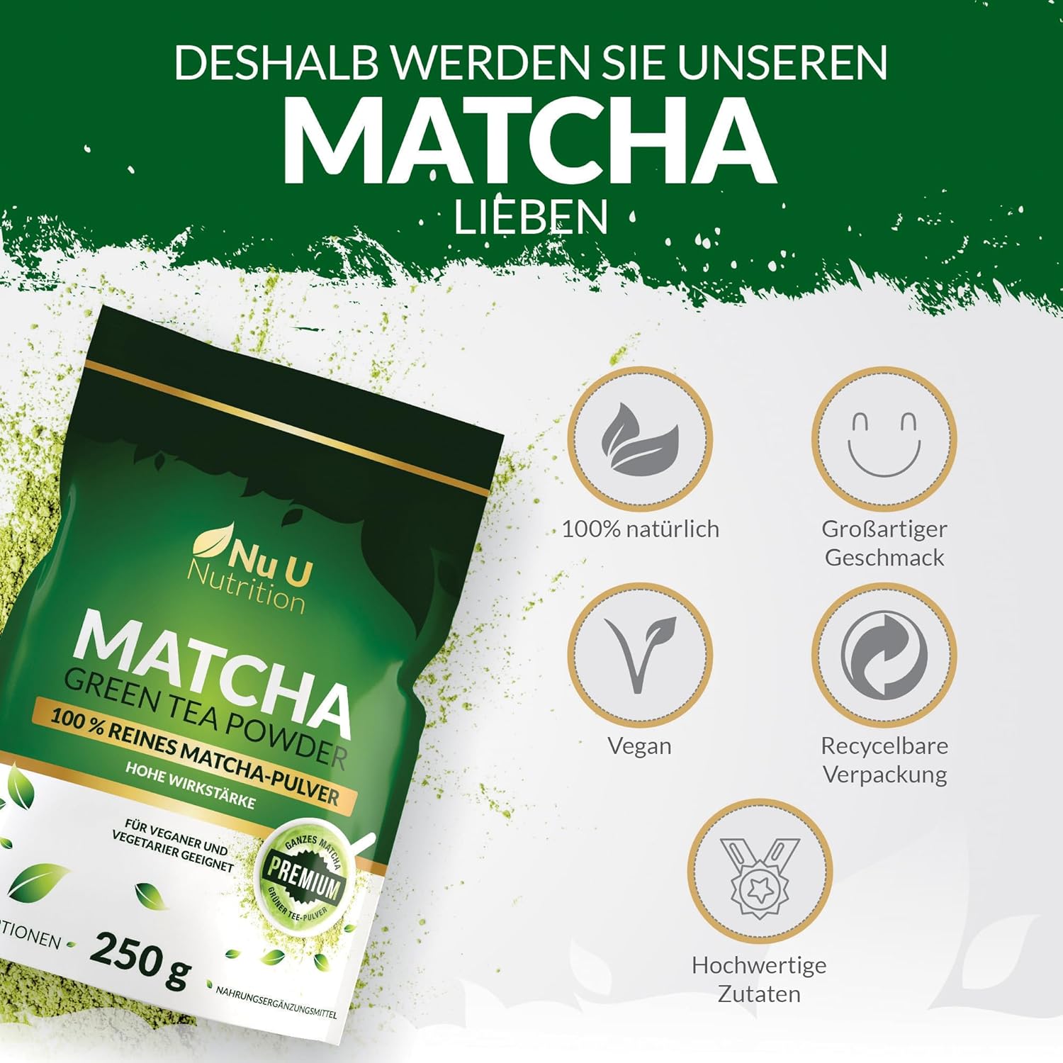 Thumbnail 6 de Matcha Grüntee Pulver 250 g – Nu U Nutrition, 100 Portionen, Premium Lebensmittelqualität