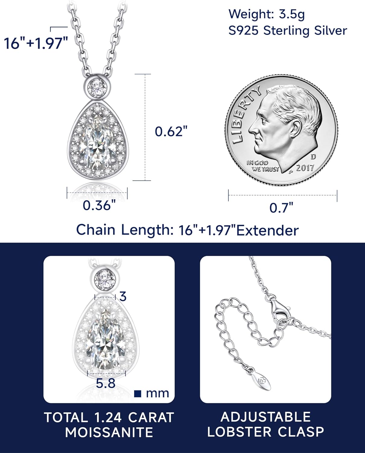 Thumbnail 5 de MomentWish Silberkette Damen 925 mit Anhänger – Moissanite Tropfen (1 Karat) im Silberkettchen inkl. Geschenkbox