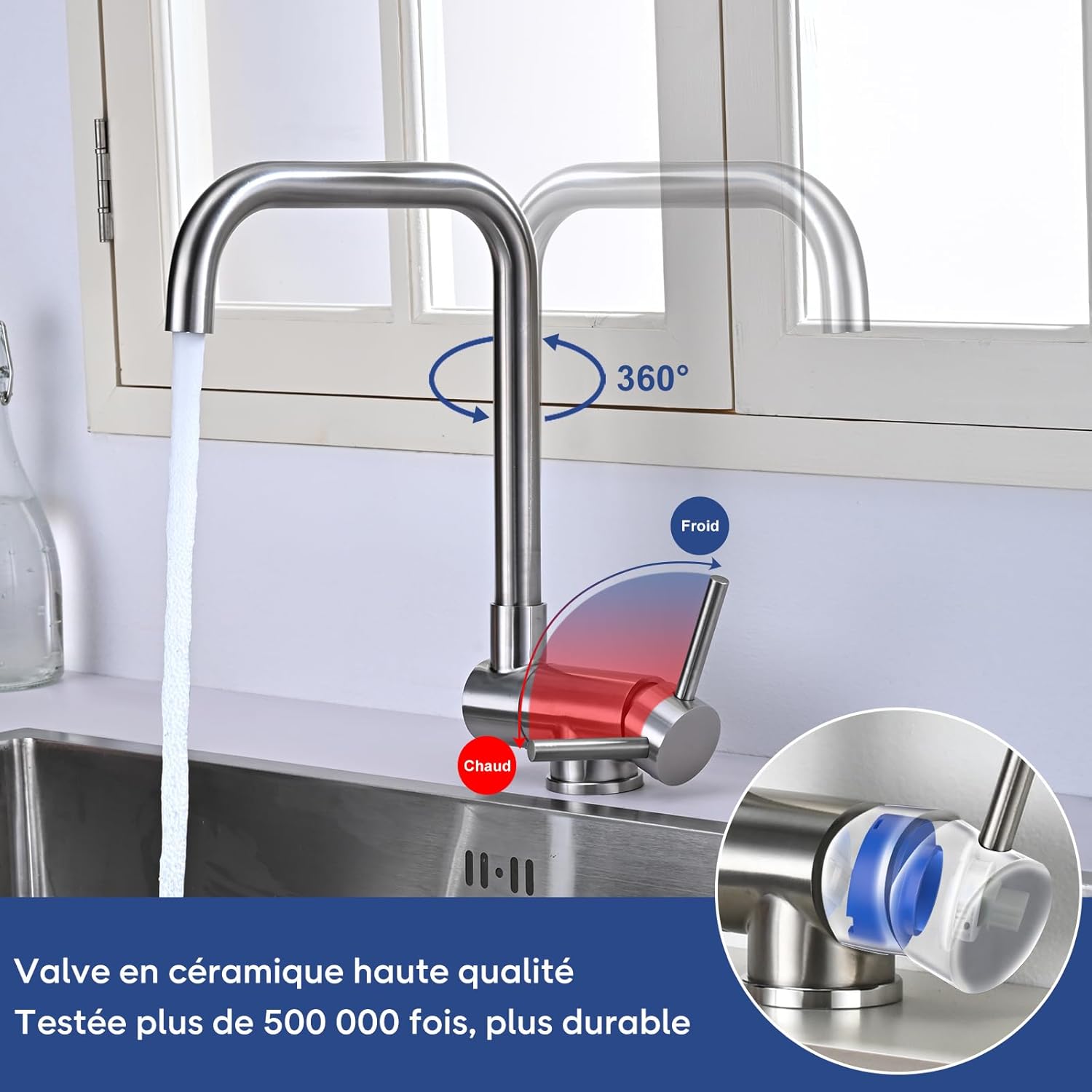 Thumbnail 2 de Mitigeur Cuisine rabattable BuntHaus avec bec pivotant 360° et acier inox 304 brossé