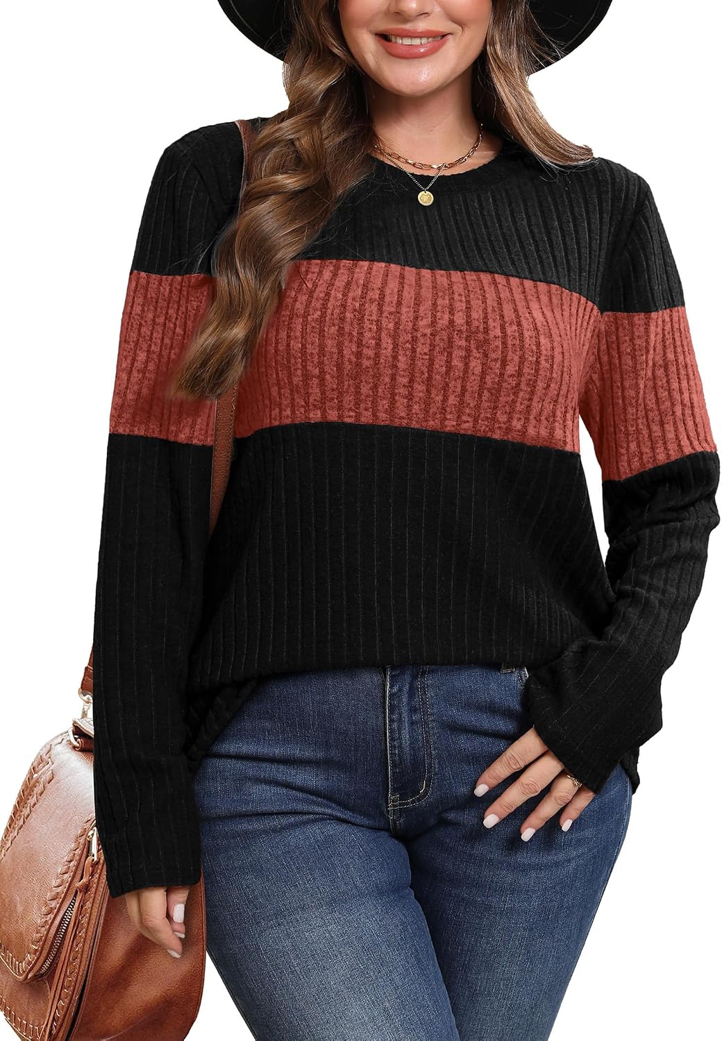 Detalle 1 de WIHOLL Women's Color-Block Lightweight Sweater, Long-Sleeve Top
