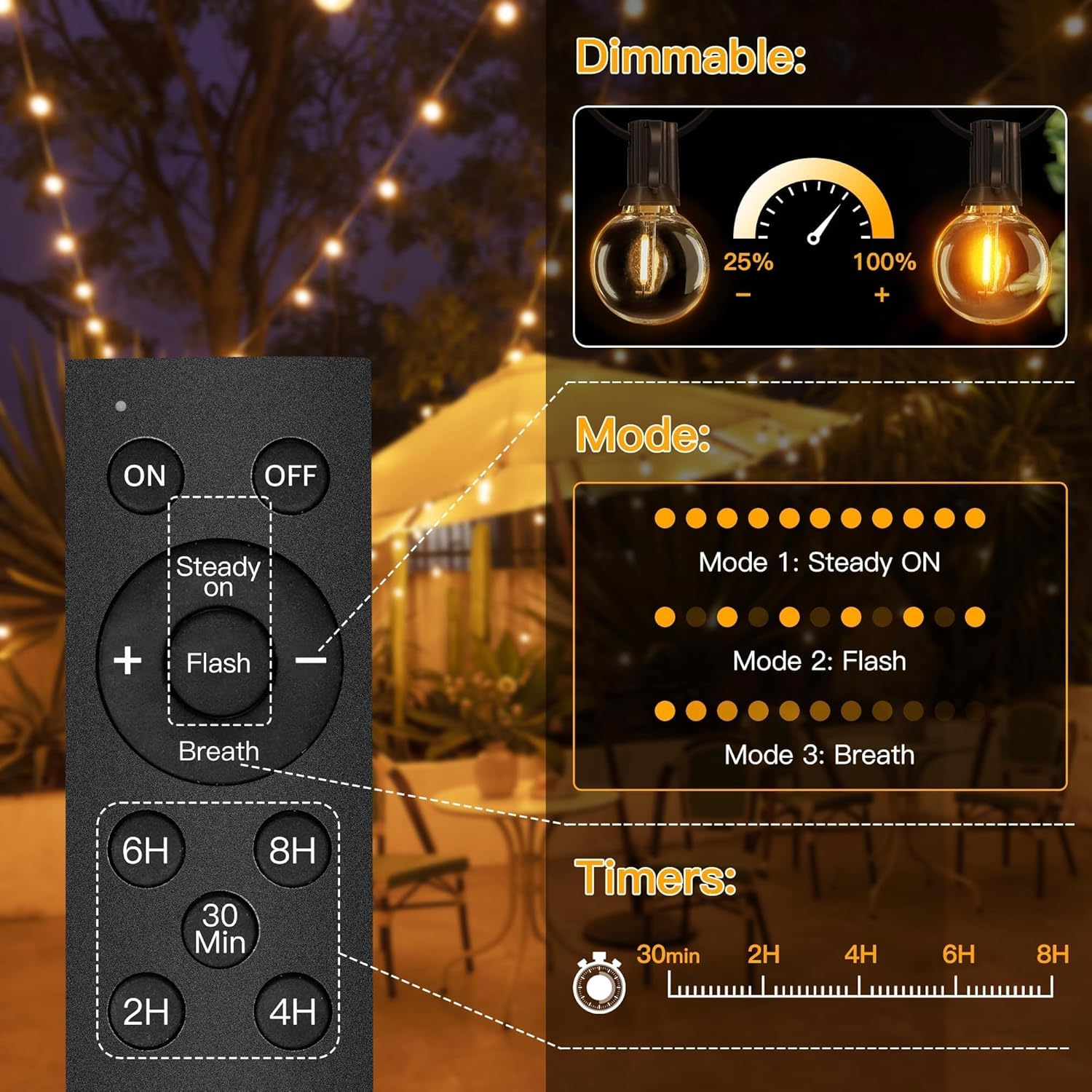 Thumbnail 4 de Ollny Solar Lights Outdoor Garden 30m Waterproof Festoon String Lights with Remote (45 G40 bulbs, USB charging, 3 modes)
