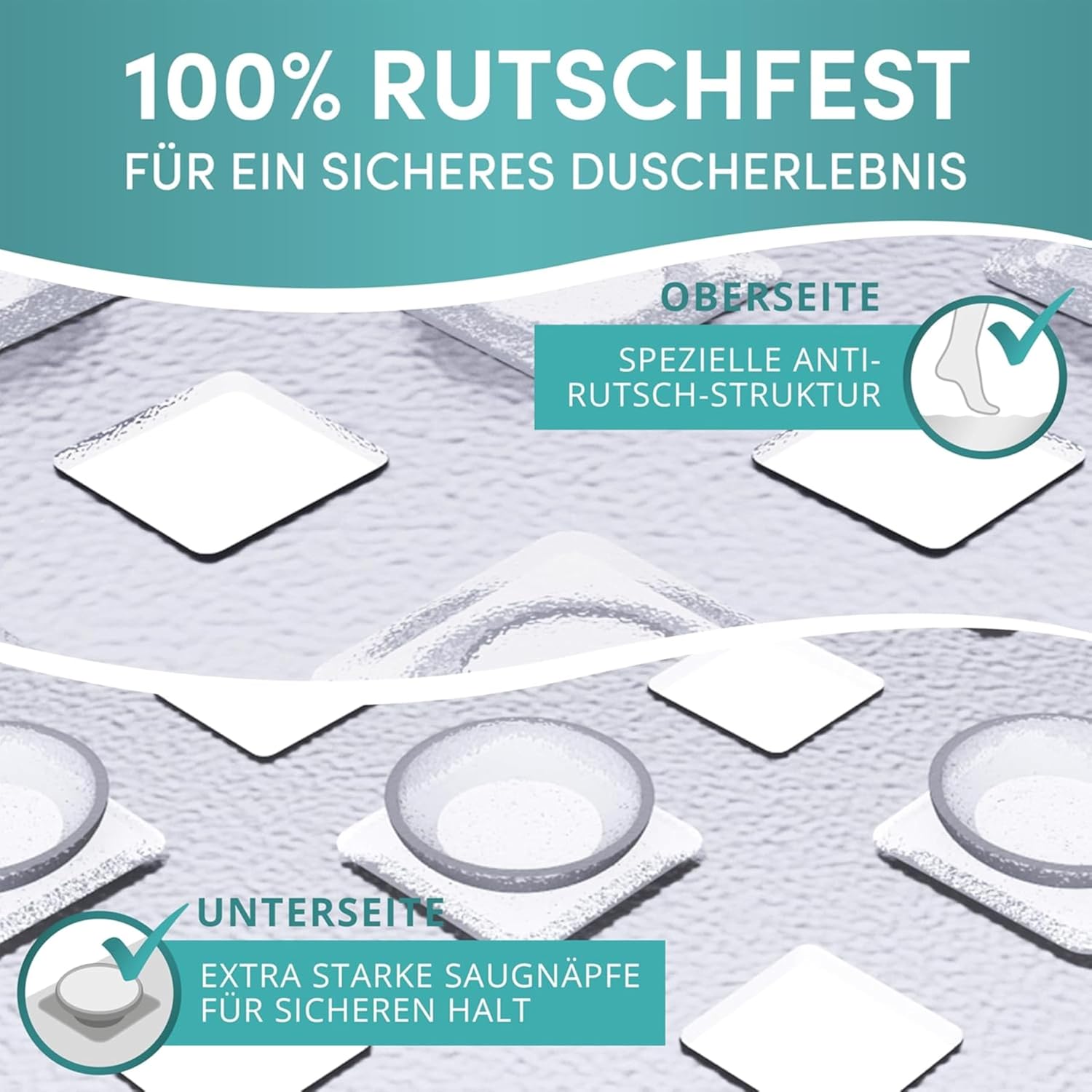 Detalle de Engelbach Duschmatte rutschfest 53x53 cm inkl. 2 Haken – antibakteriell, BPA-frei, waschmaschinengeeignet