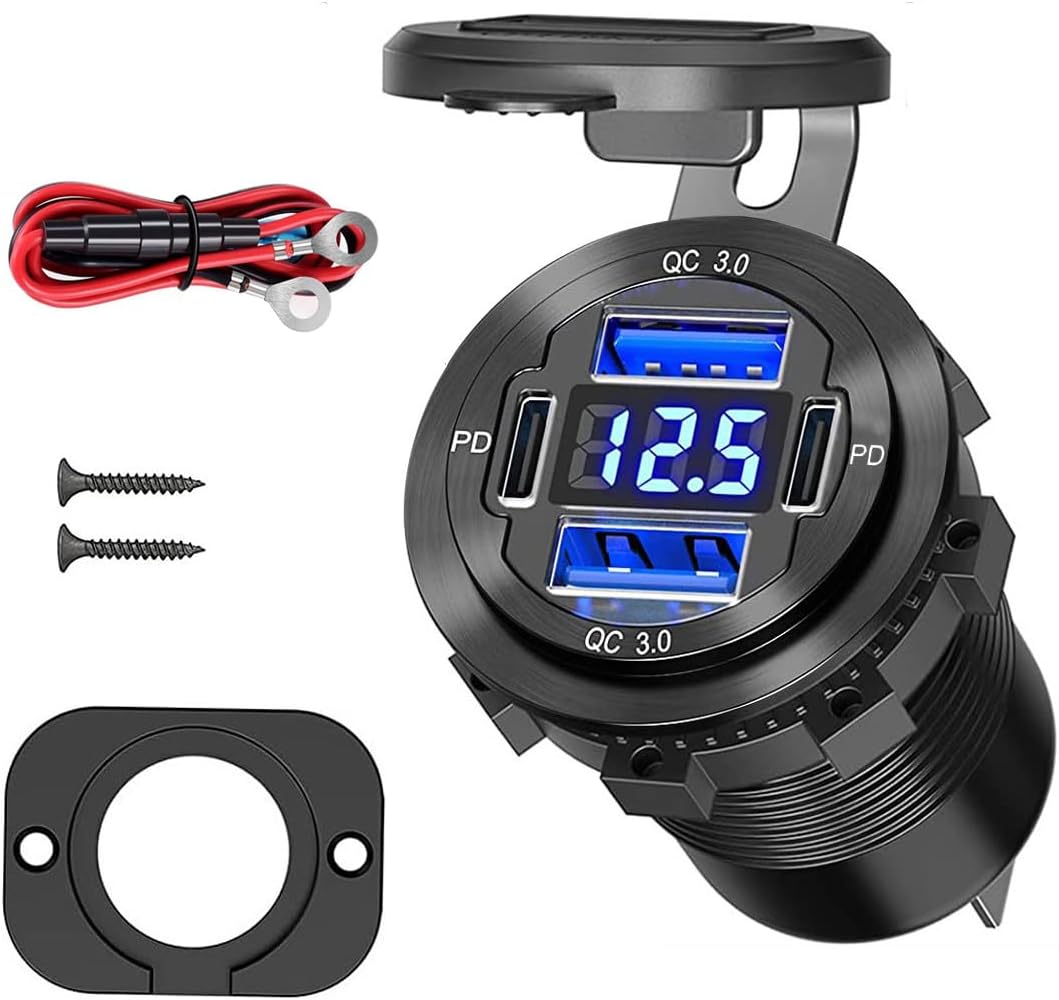 Detalle de Upgraded 12V USB Socket 4-in-1 Car Charger with QC3.0 and PD Ports, Aluminium, Voltmeter