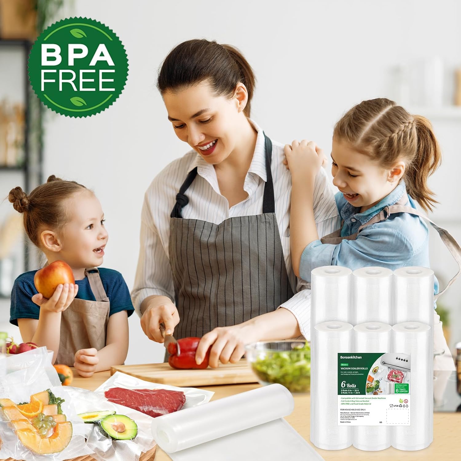 Detalle 2 de Bonsenkitchen Vacuum Sealer Rolls Bags — 3 Rolls 11x20' + 3 Rolls 8x20' (BPA-Free, 4 Mil, Microwave/Boil Safe)