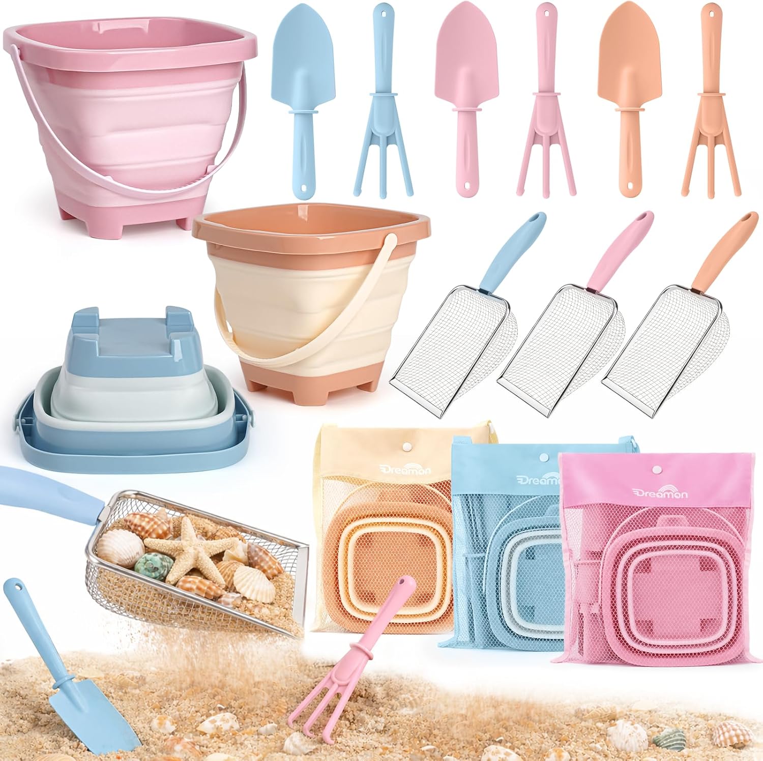 Detalle de Dreamon Beach Sand Toys 3 Set: Collapsible Buckets, Shovels & More for Shared Beach Fun