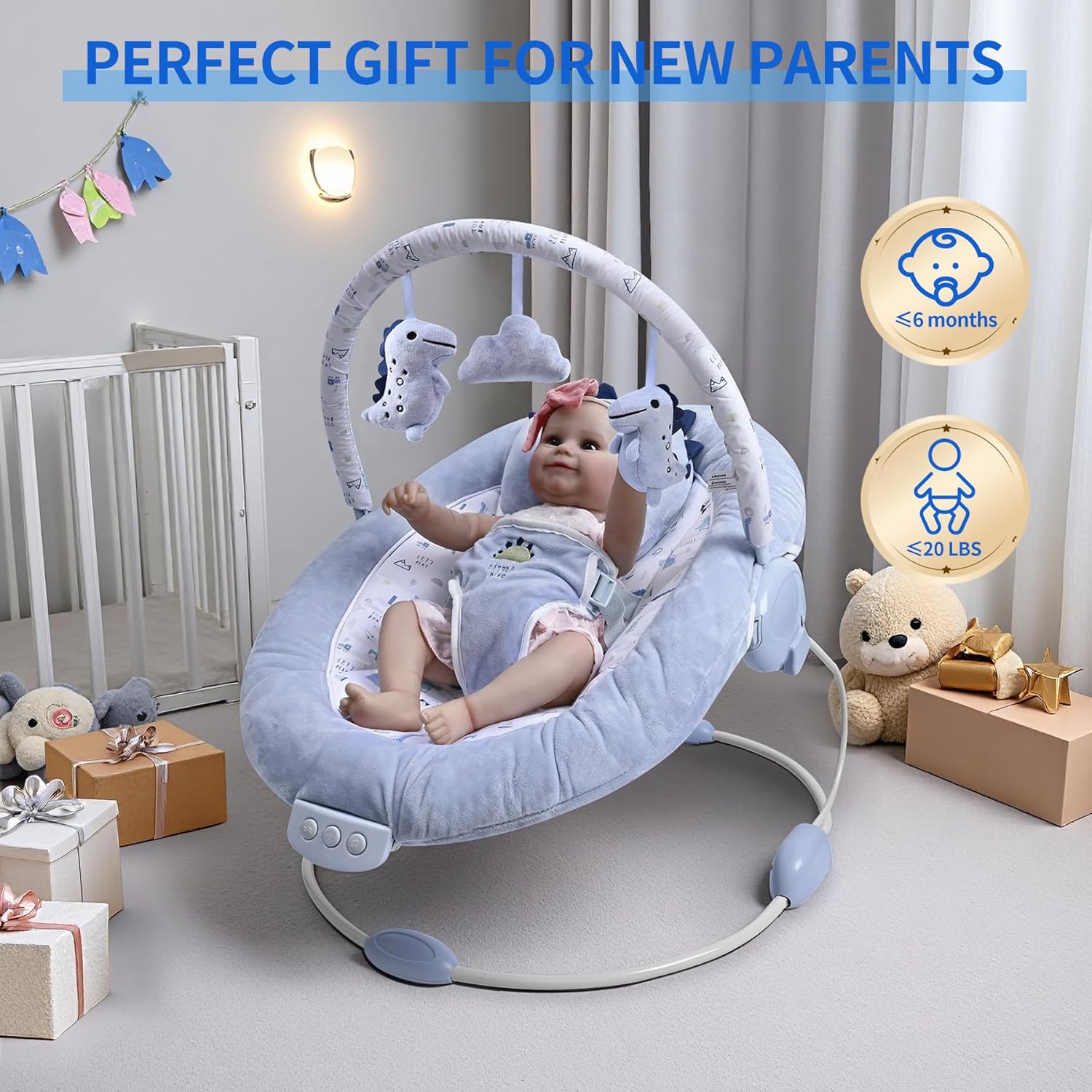 Thumbnail 6 de LADIDA Soft Light Blue Baby Bouncer with Soothing Vibrations and Music