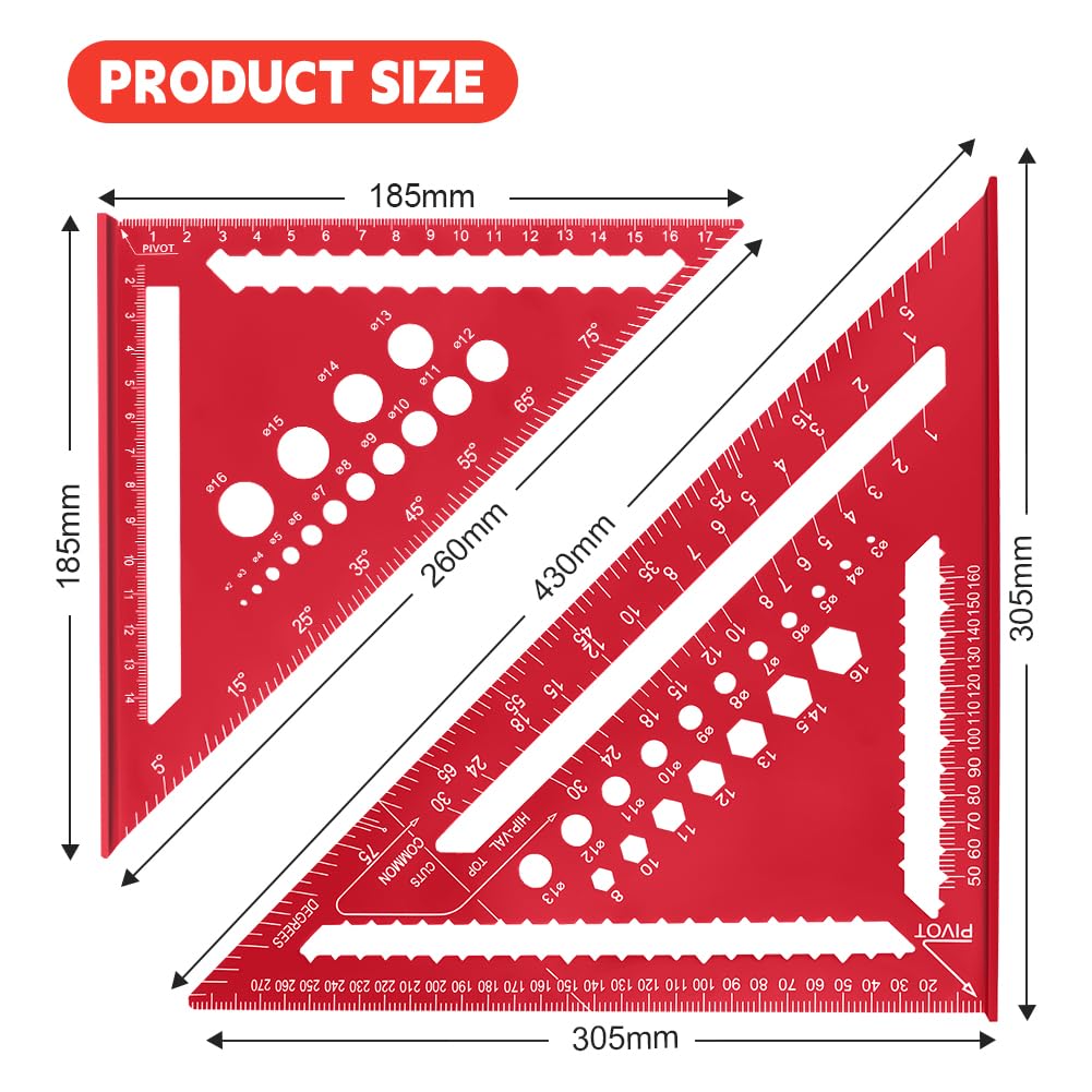 Detalle de Flintronic 2 Pcs Speed Square Set (18 & 30cm) Aluminium Alloy Triangle Ruler with 2 Carpenter Pencils
