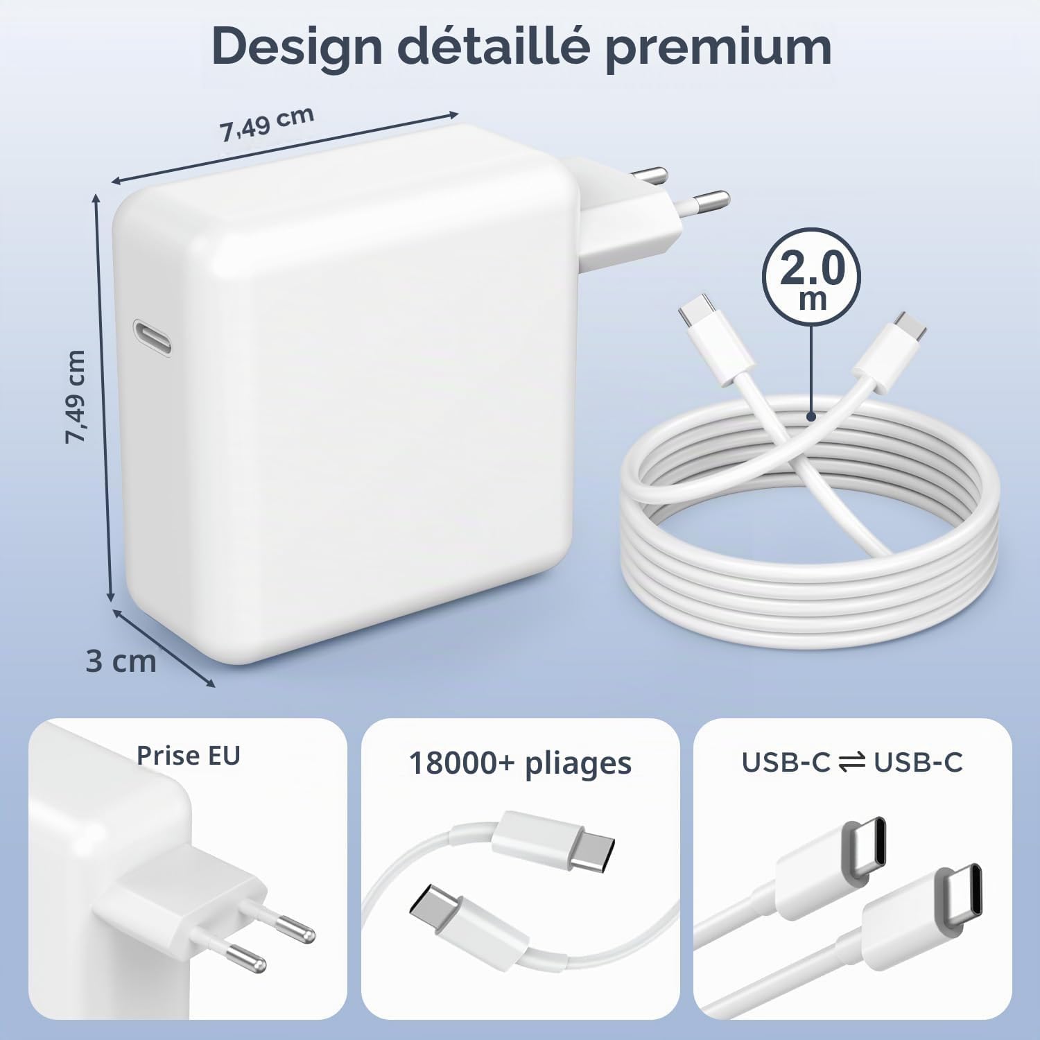 Detalle 2 de Shunapse 67W USB-C-oplader voor MacBook met inklapbare stekker en kabel van 2 m