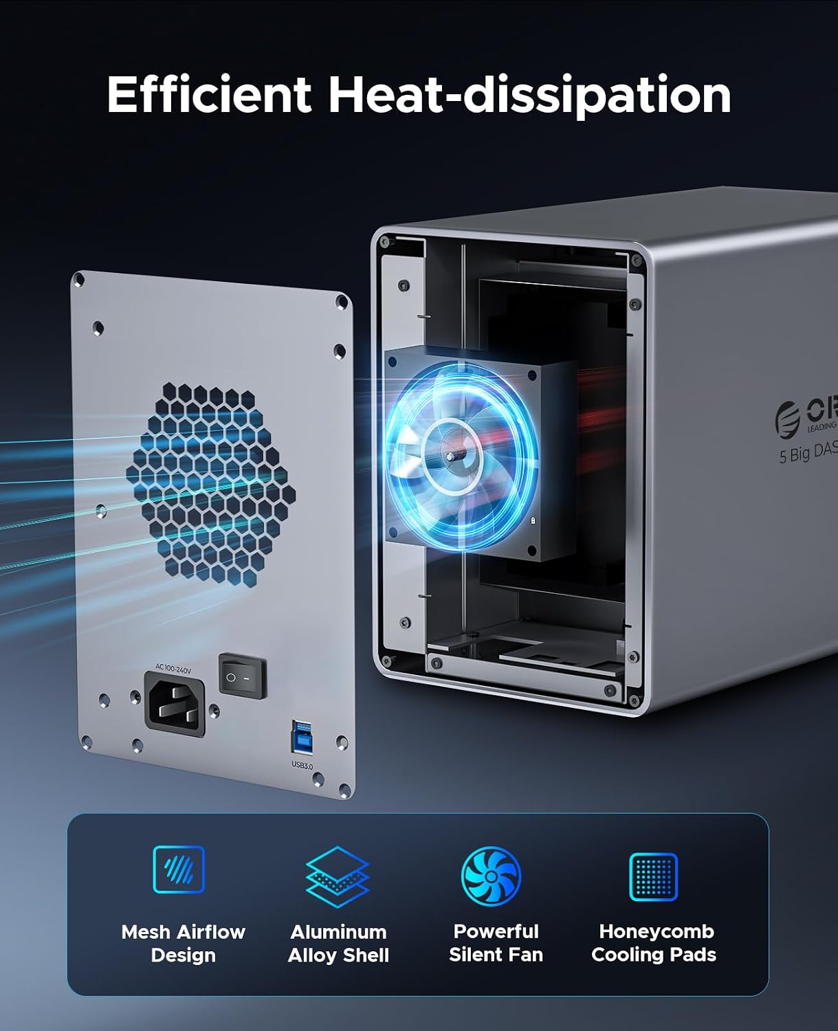 Detalle 2 de ORICO 9858U3 Aluminium 5-Bay-HDD-Dockingstation für 5× 3,5-Zoll-SATA (bis 22 TB je Laufwerk) mit USB 3.0