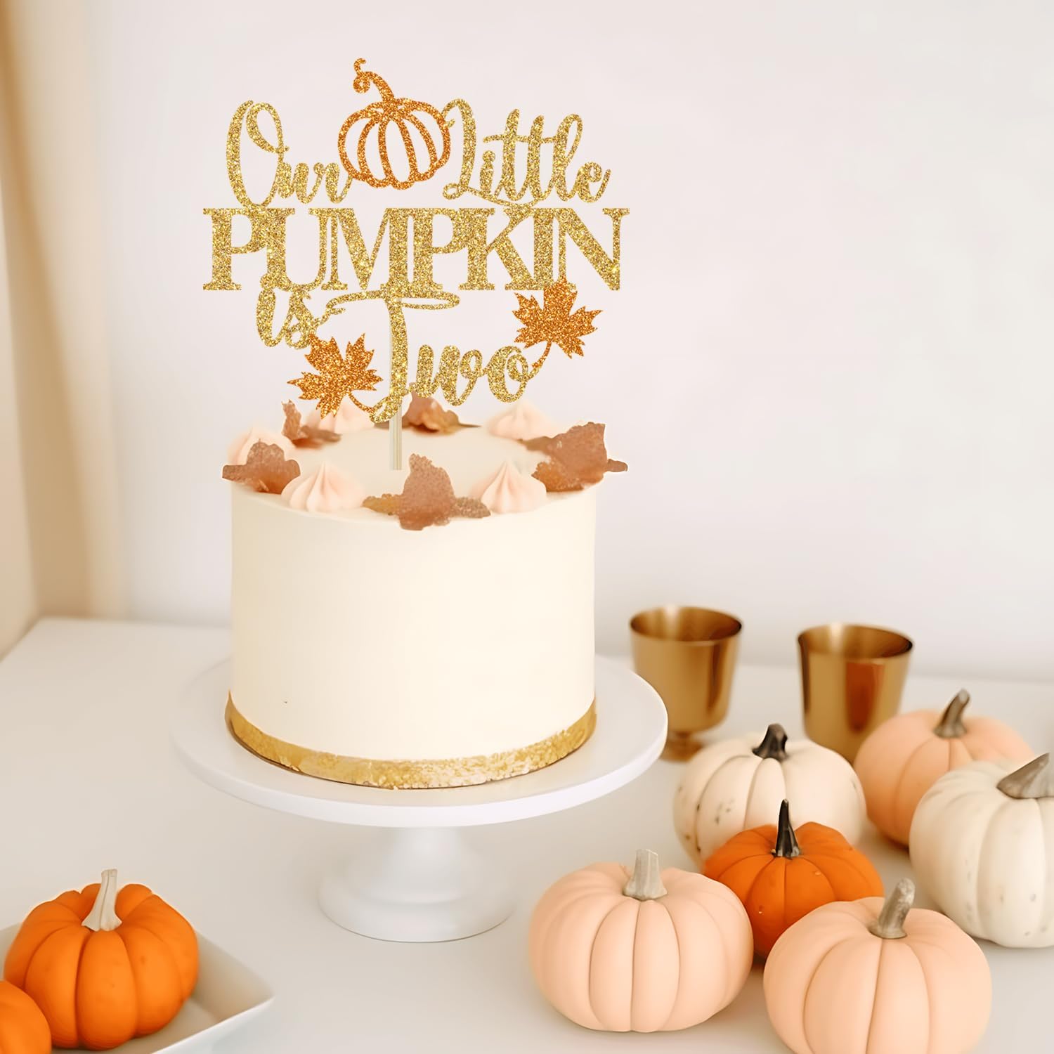 Detalle 1 de Yotawebery Our Little Pumpkin Is Two Cake Topper, Gold Glitter, 18 x 12cm