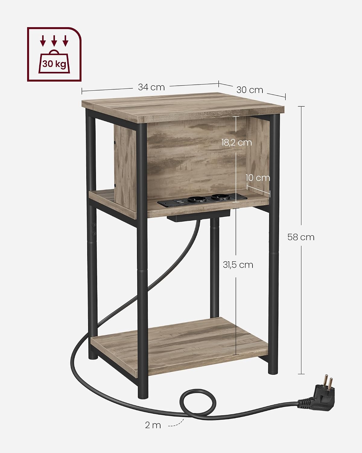 Detalle 2 de VASAGLE Tavolino con Multipresa LET375K01: comodino con prese AC e USB per soggiorno e camera da letto