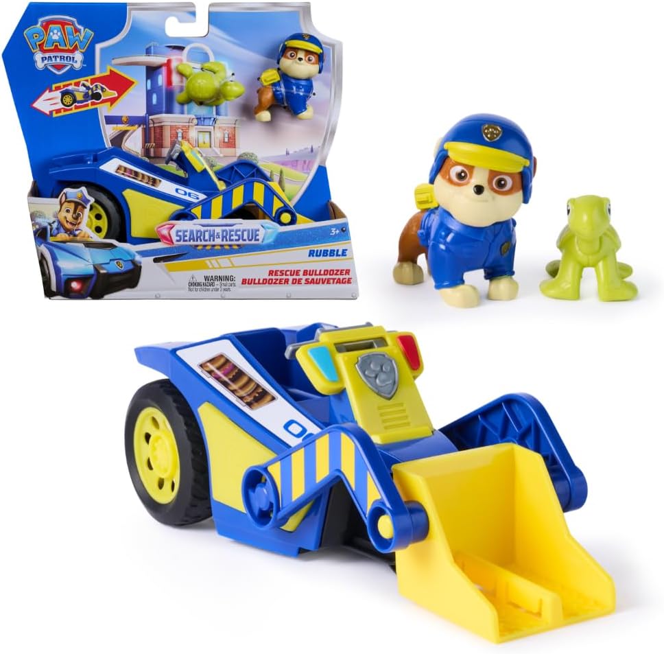 PAW PATROL Search & Rescue: Rubbles Rettungs-Bulldozer mit Rückziehmotor (ca. 15 cm) – inkl. Rubble-Figur & Schildkröte