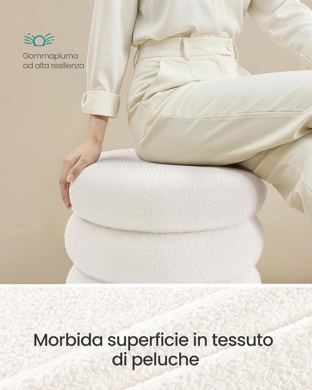 Detalle de SONGMICS Sgabello Trucco LOM015WD01: pouf contenitore rotondo imbottito con coperchio rimovibile