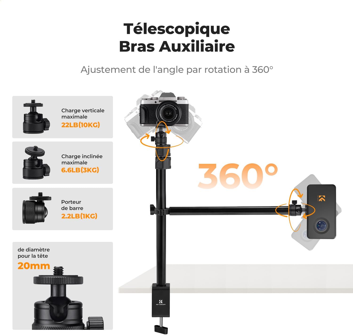 Thumbnail 3 de K&F CONCEPT Support de Table avec bras 95cm