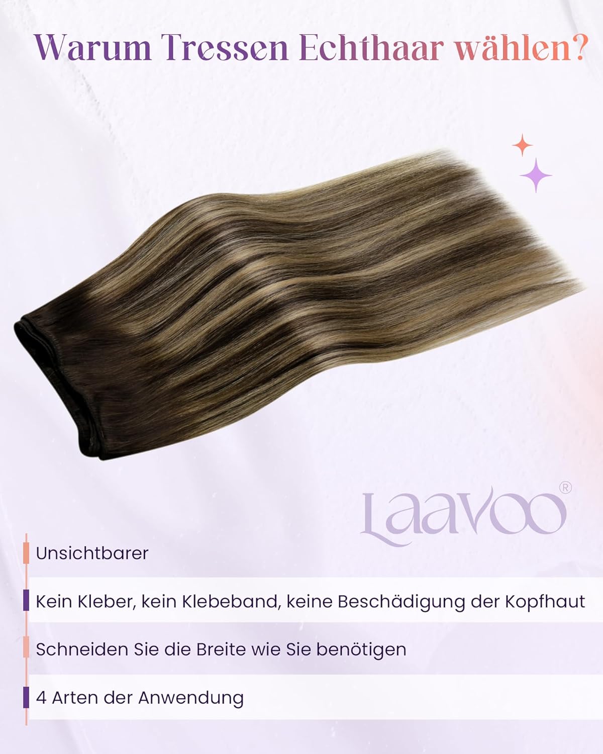 Detalle 2 de LaaVoo Echthaar Extensions Tressen Braun Ombre – Echthaar zum Einnähen, 100 g, 55 cm, Dunkelbraun Balayage Caramel Blond