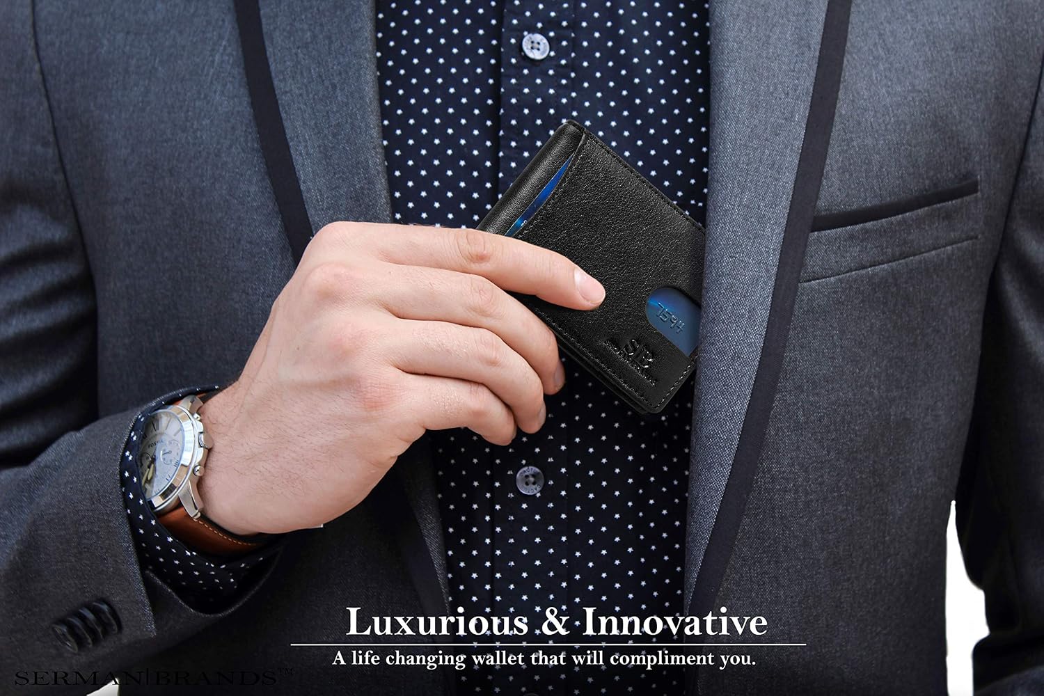 Detalle de SERMAN BRANDS Slim Bifold Wallet, Genuine Leather