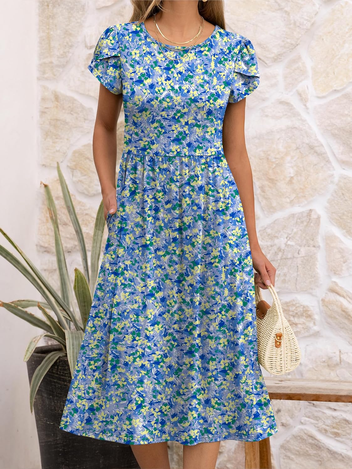 Detalle de ANRABESS Floral Midi Dress with Pockets – Beachy A-Line Sundress