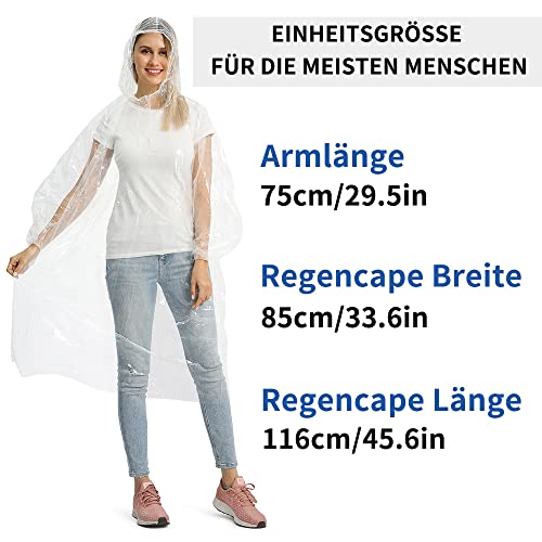 Detalle 2 de Opret 20 Stück Durchsichtig Regenponcho – Wasserdicht, leicht, mit Kapuze und Elastikbündchen