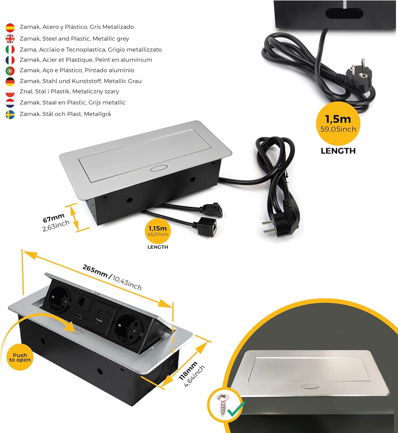 Thumbnail 1 de Emuca Ausziehbare Vielfachsteckerleiste für Tischintegration – USB, RJ45, HDMI, 2 Schuko, 225×111 mm Einbau