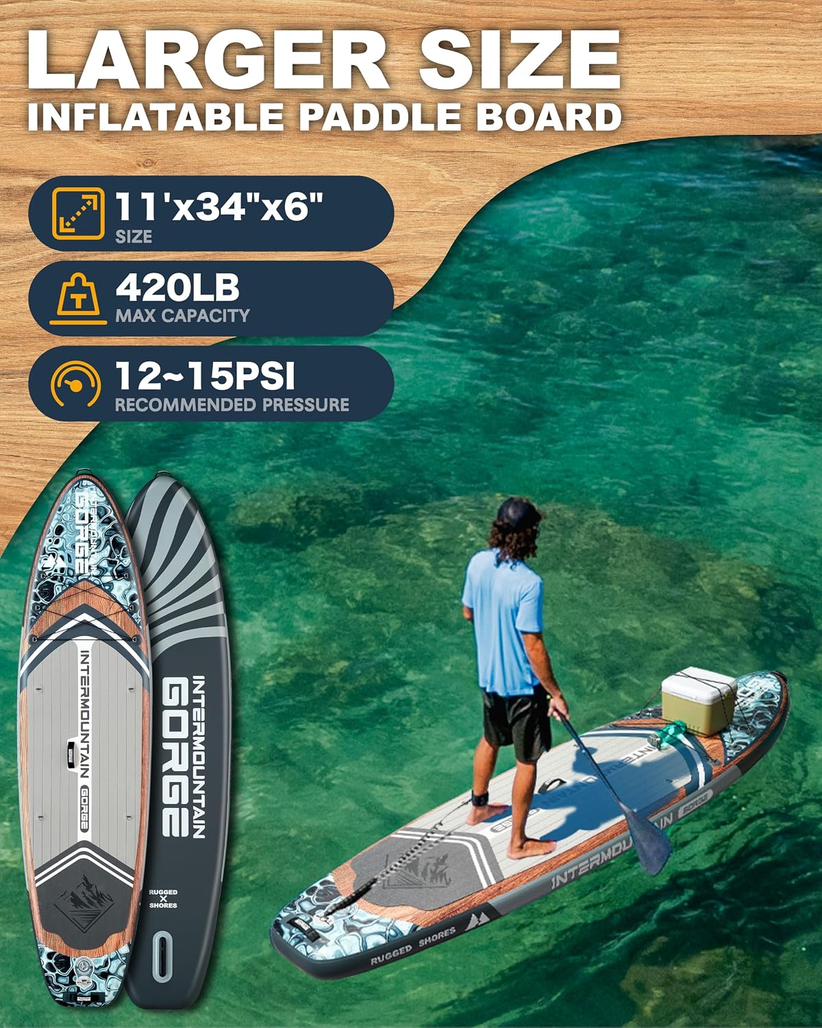 Detalle de Intermountain 11'x34 Ultra Wide Inflatable Paddle Board with 420 lb Capacity