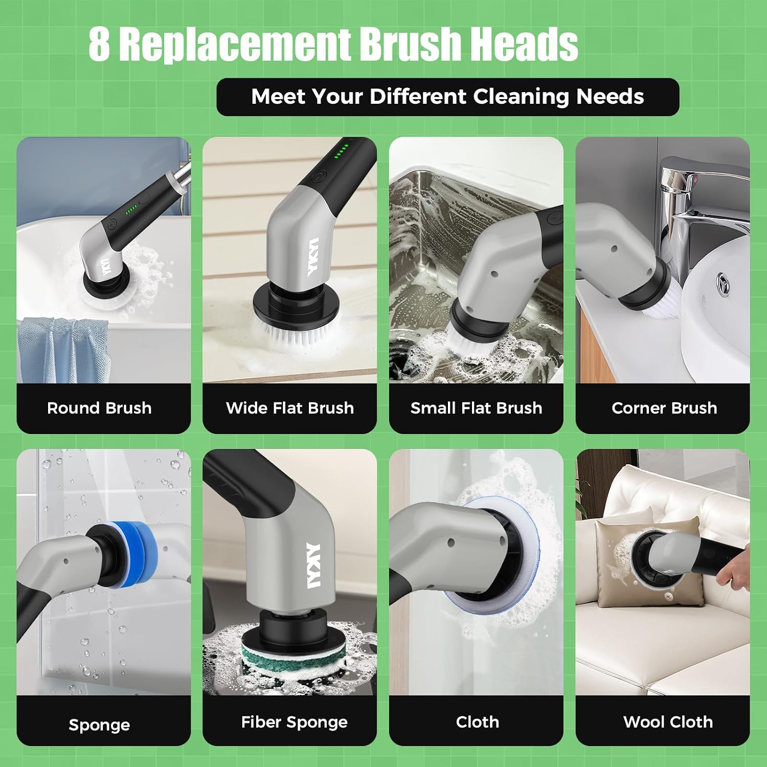 Thumbnail 5 de YKYI QJS8051B Electric Spin Scrubber, 8 Brush Heads, Adjustable Handle, 2 Speeds