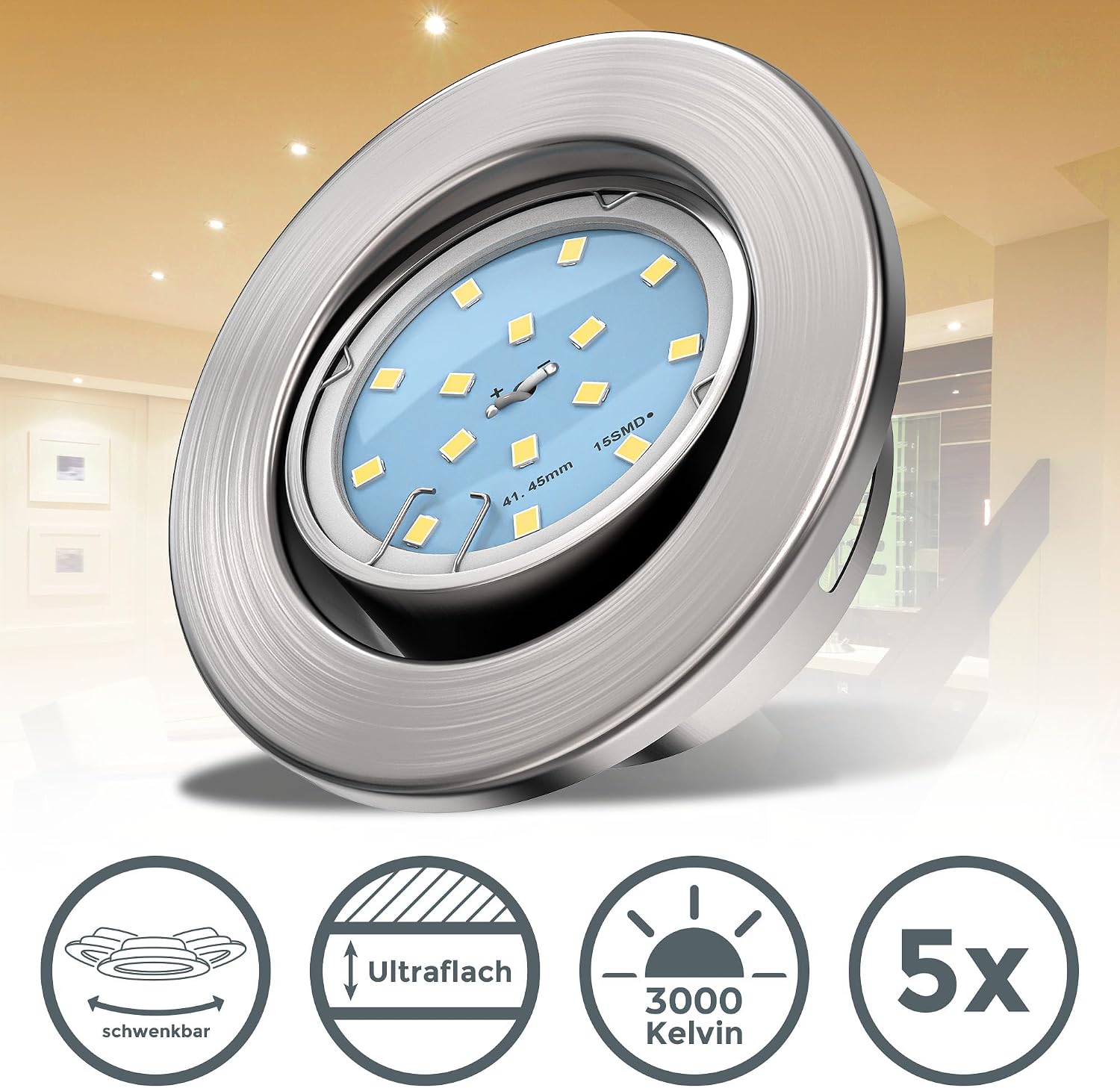 Detalle 2 de B.K.Licht zestaw 5 wpuszczanych lamp LED 4,8 W, 3000 K, odchylane