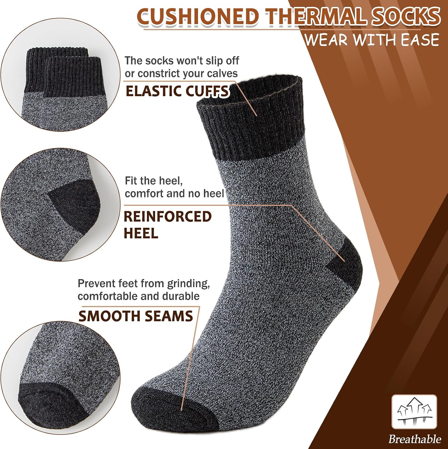 Thumbnail 3 de VoJoPi 5-Pair Men's Wool Blend Crew Socks, Cushioned Thermal Winter Boot Socks