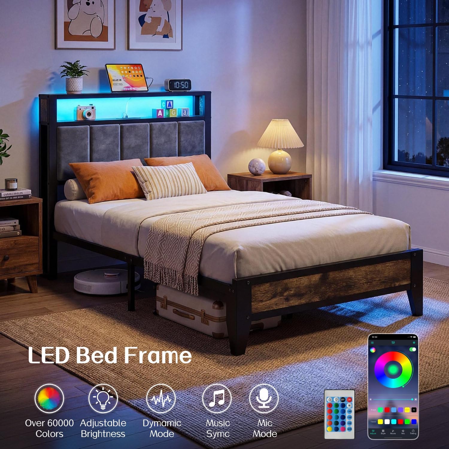 Thumbnail 4 de OLEVS Twin Metal Platform Bed Frame with LED Headboard, Storage & Charging Station